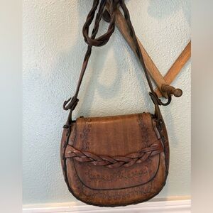 Vintage leather tooled leaf pattern shoulder bag purse